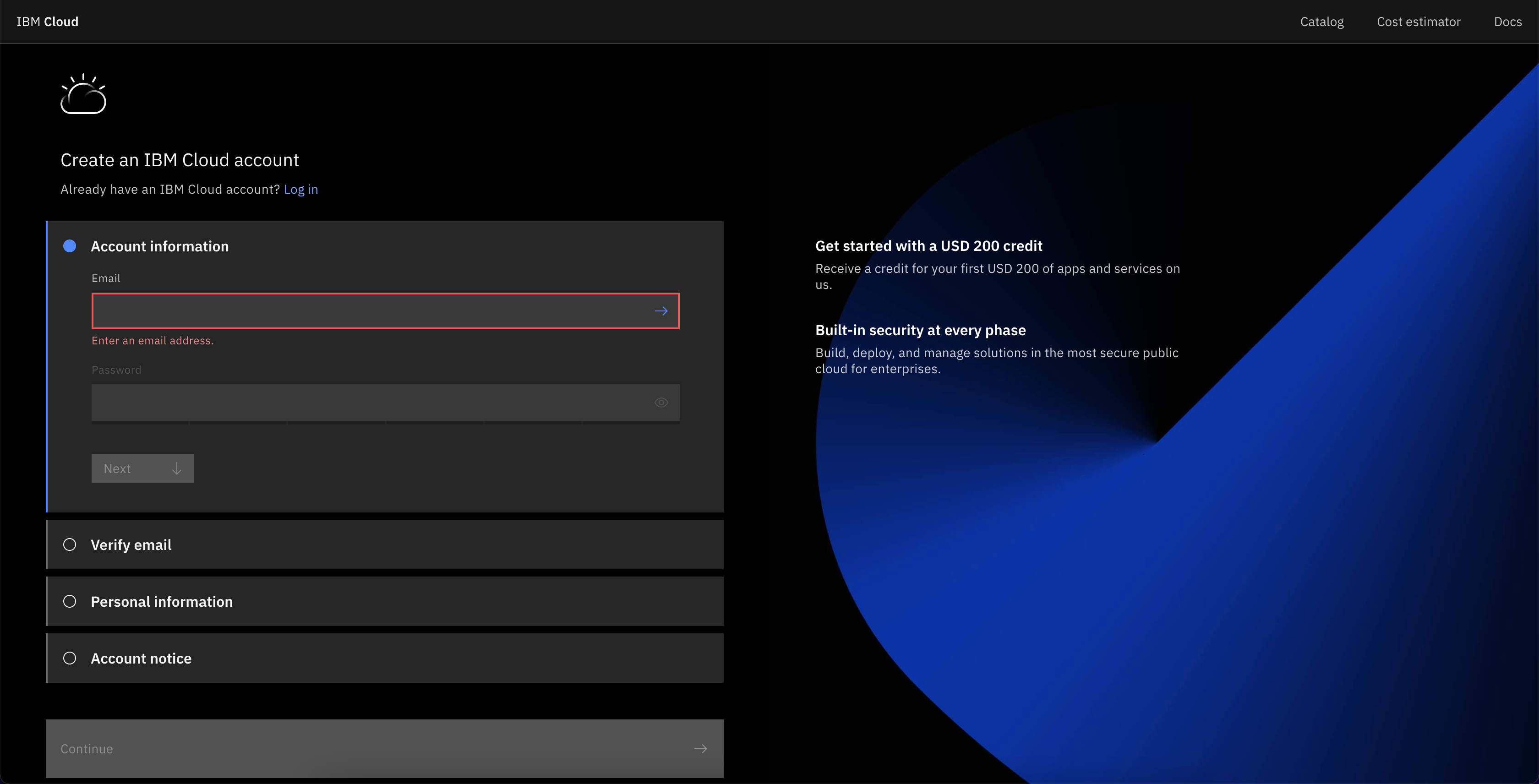 IBM Cloud Registration form